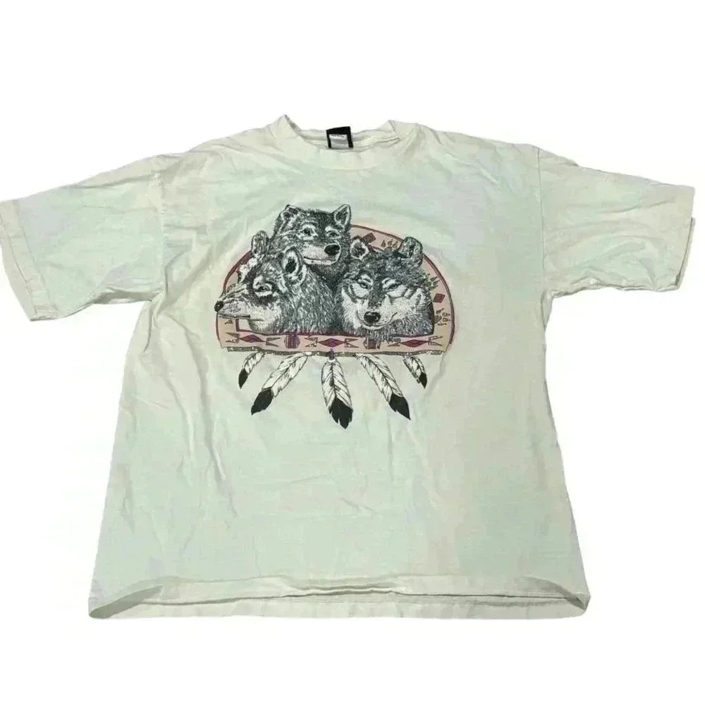 Vintage Diamond Dust Wolf Glitter Shirt Feathers Native Nature XL